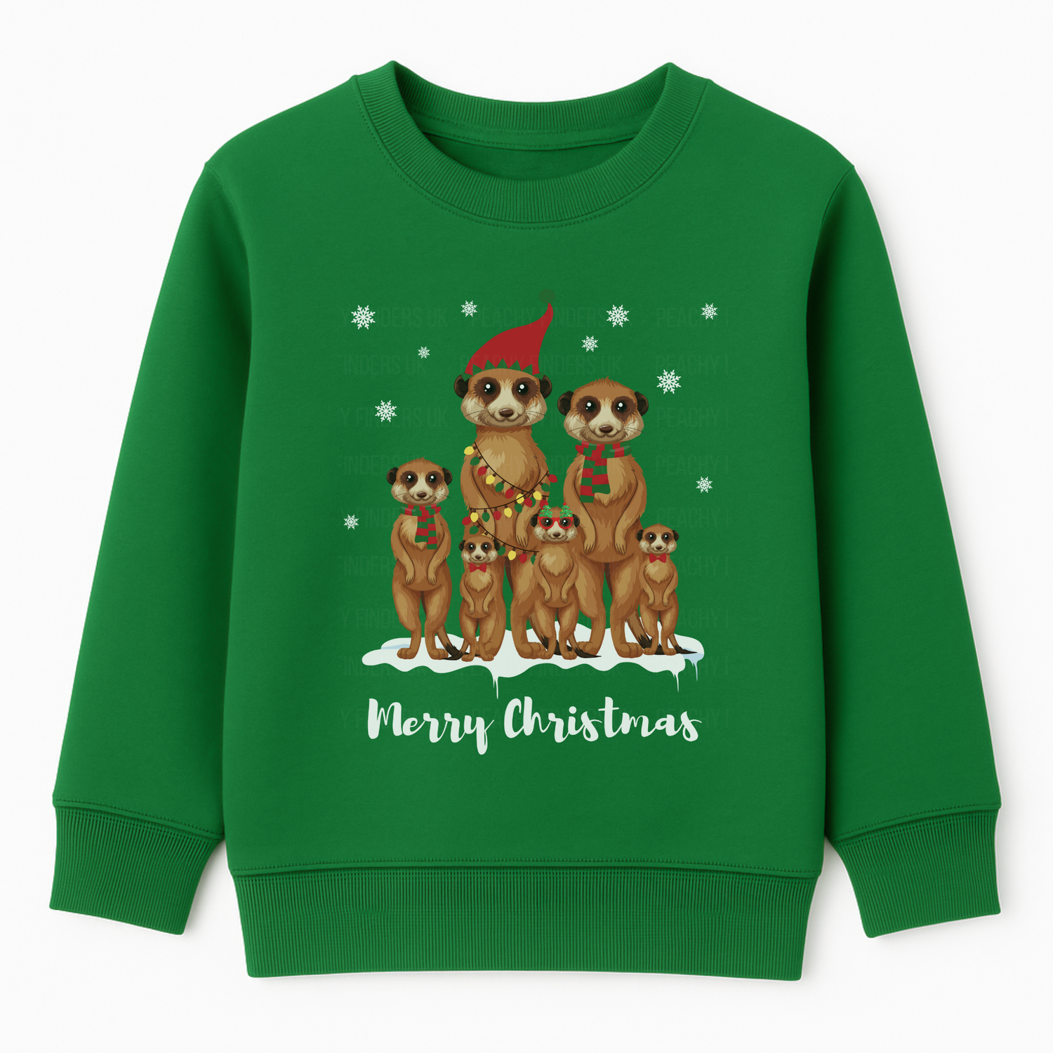 Kids kelly green Christmas sweatshirt with a festive meerkat family illustration and “Merry Christmas” text on the front.