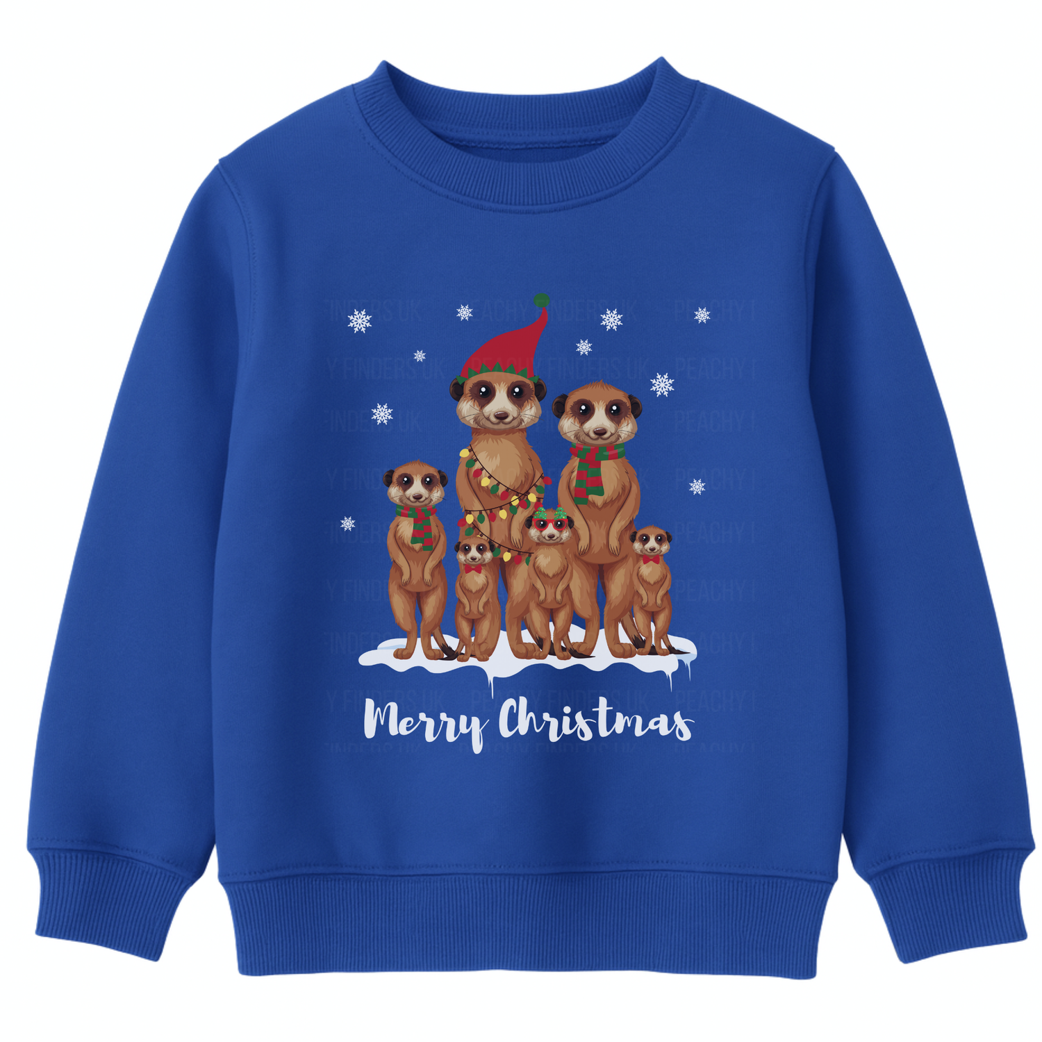 Kids royal blue Christmas sweatshirt with a festive meerkat family illustration and “Merry Christmas” text on the front.