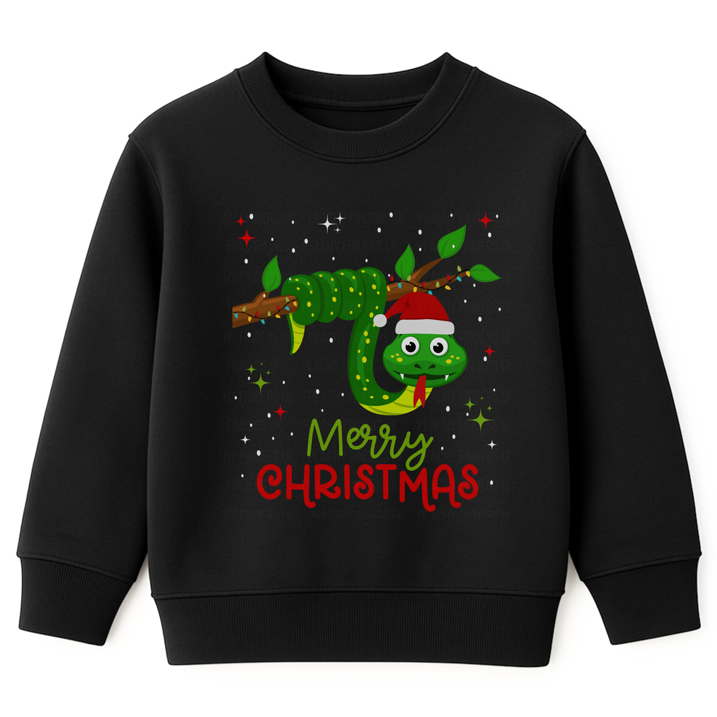 Kids black Christmas jumper with a cute green snake wrapped around a branch wearing a Santa hat, with stars and “Merry Christmas” text.