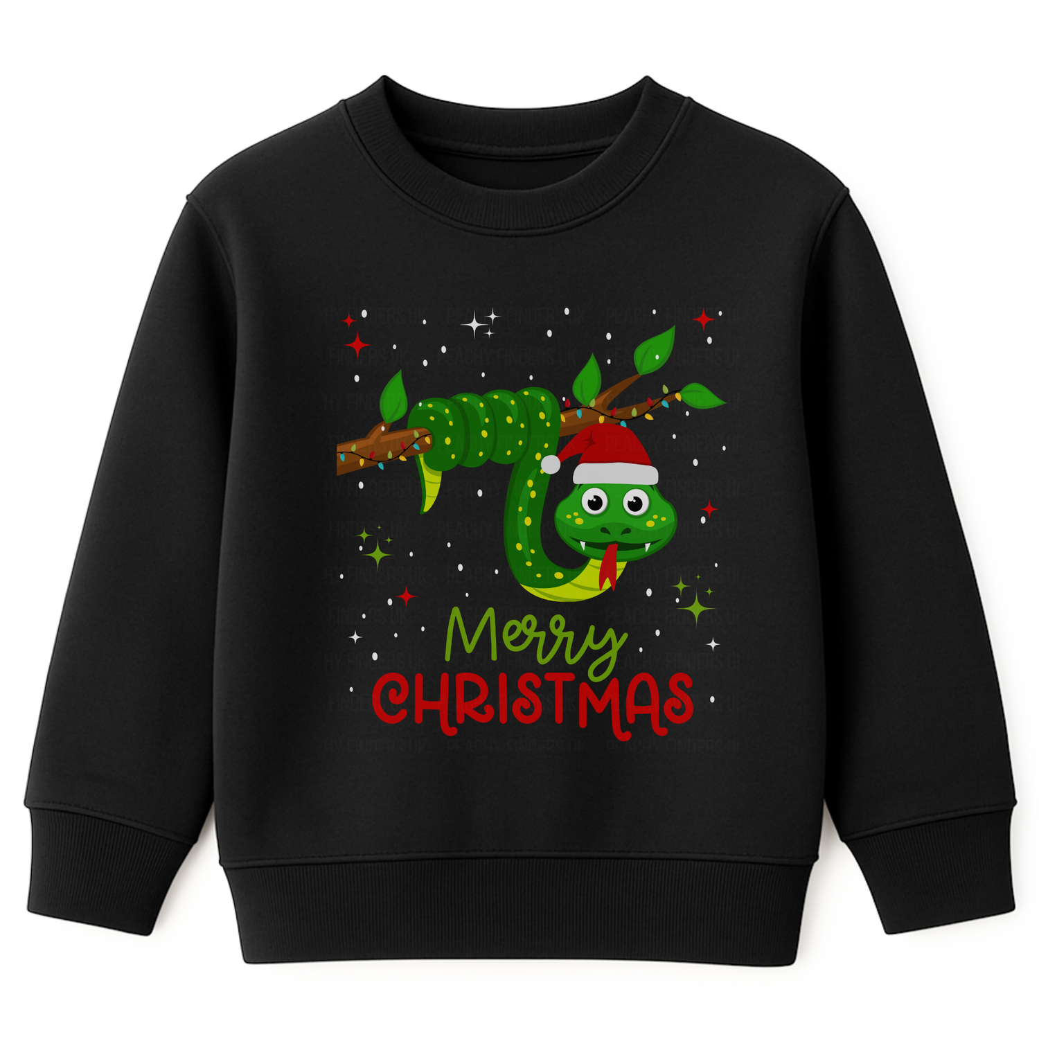 Kids black Christmas jumper with a cute green snake wrapped around a branch wearing a Santa hat, with stars and “Merry Christmas” text.