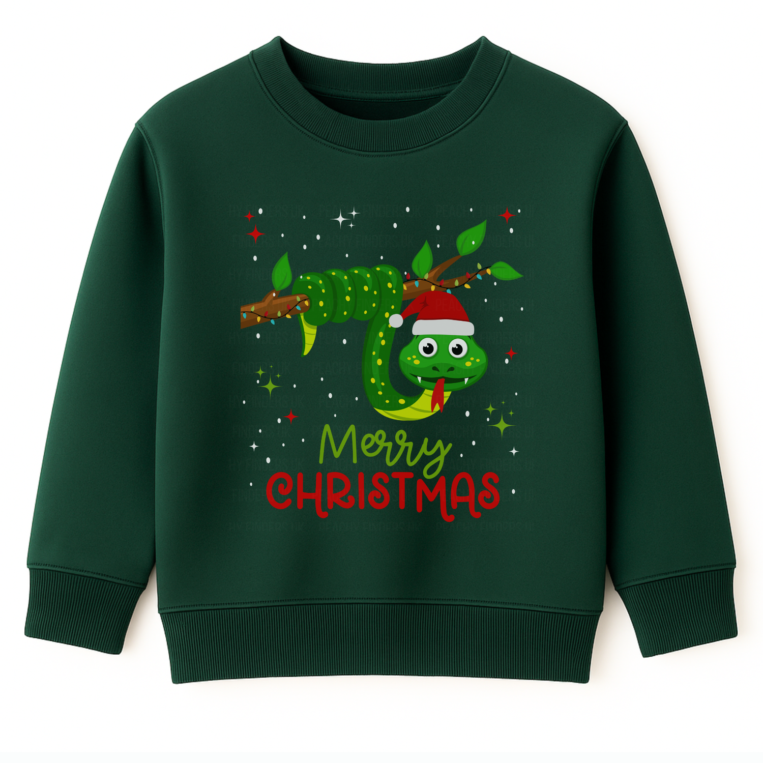 Dark green kids Christmas sweatshirt with a cute green snake wrapped around a branch wearing a Santa hat, with stars and “Merry Christmas” text.