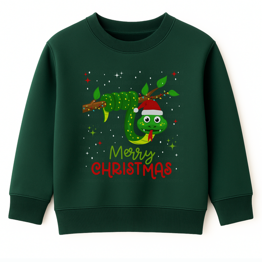 Dark green kids Christmas sweatshirt with a cute green snake wrapped around a branch wearing a Santa hat, with stars and “Merry Christmas” text.