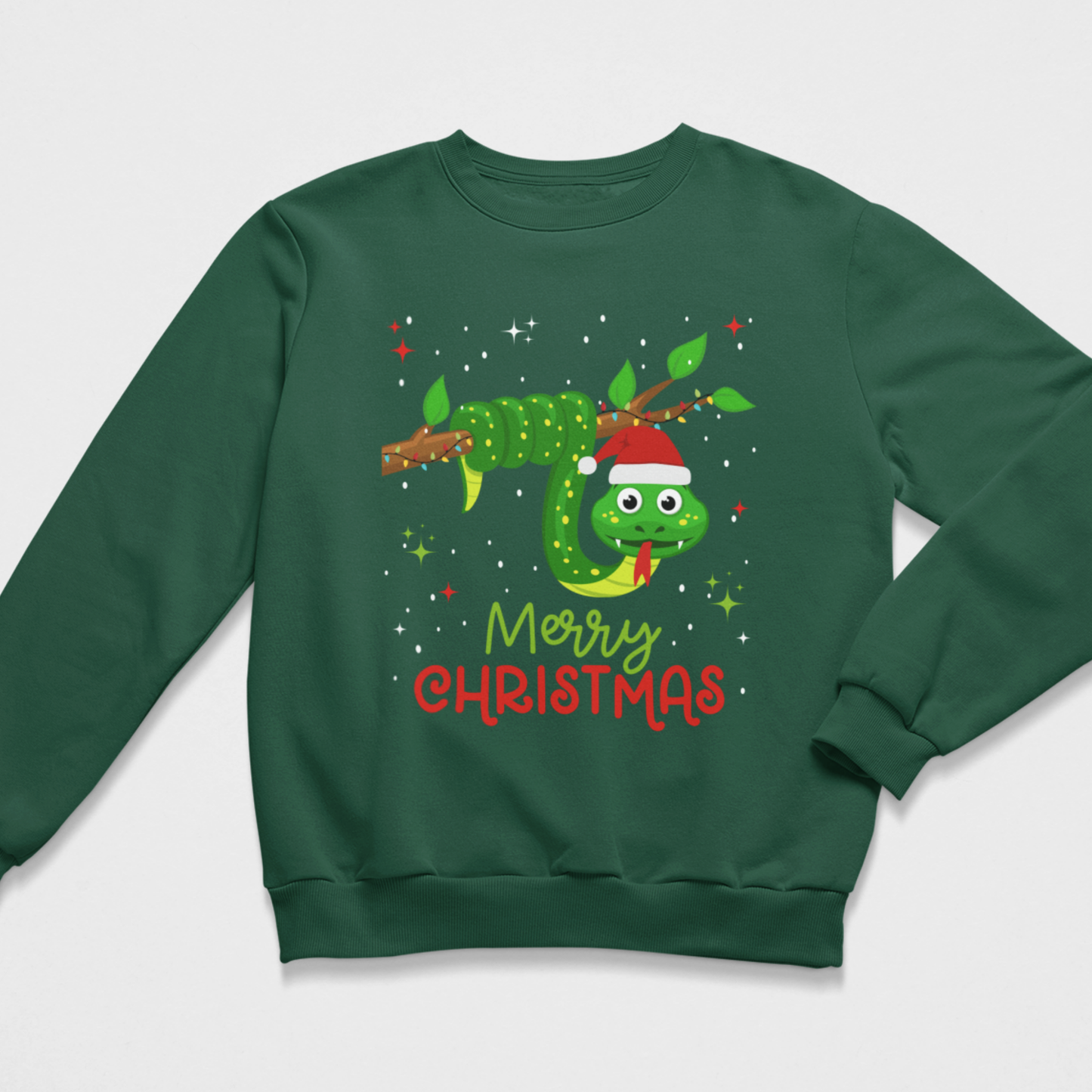 A kids dark green crewneck sweatshirt featuring a cartoon green caterpillar wearing a red Santa hat on a branch, with 'Merry Christmas' written below in green and red text, shown on a light grey background.