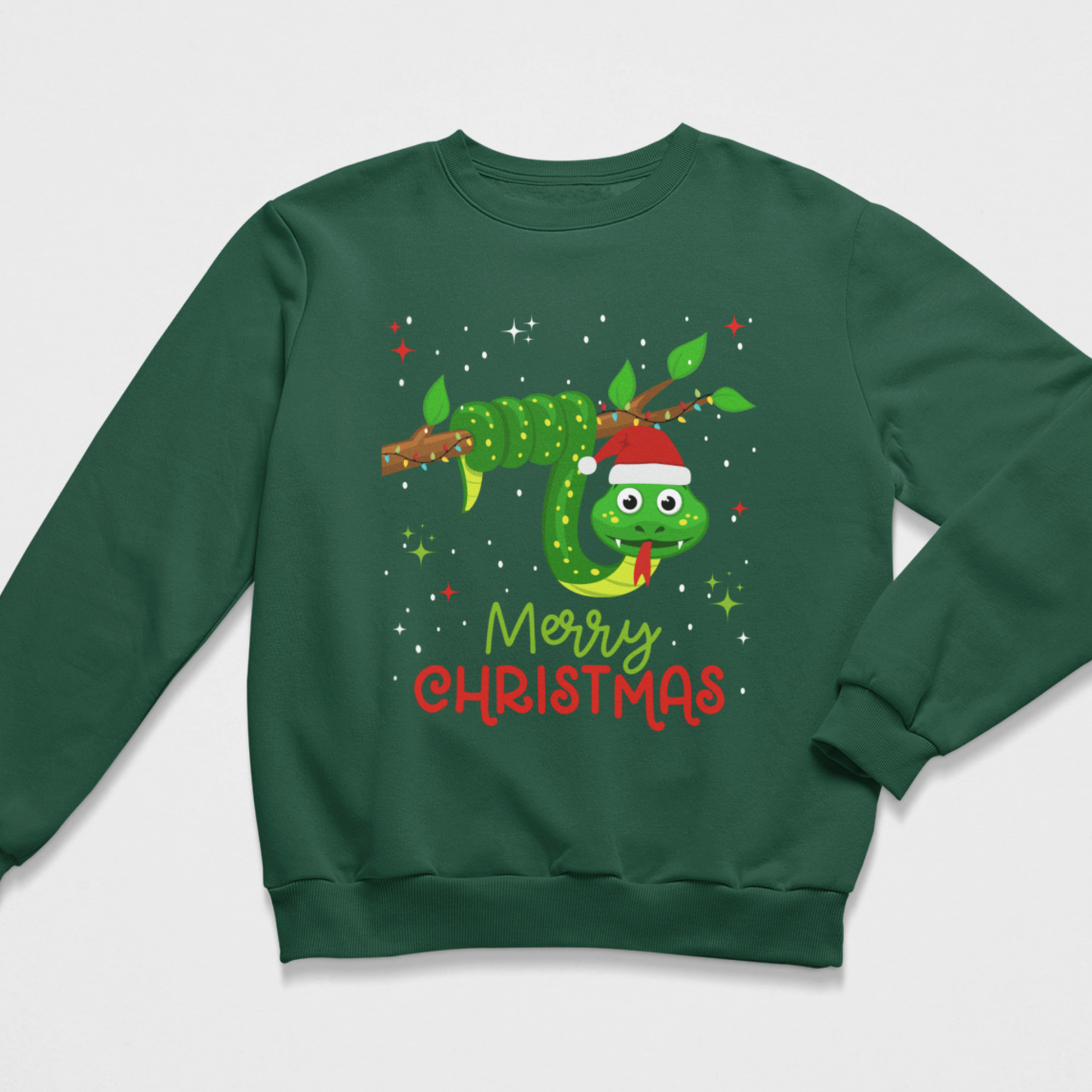 A kids dark green crewneck sweatshirt featuring a cartoon green caterpillar wearing a red Santa hat on a branch, with 'Merry Christmas' written below in green and red text, shown on a light grey background.