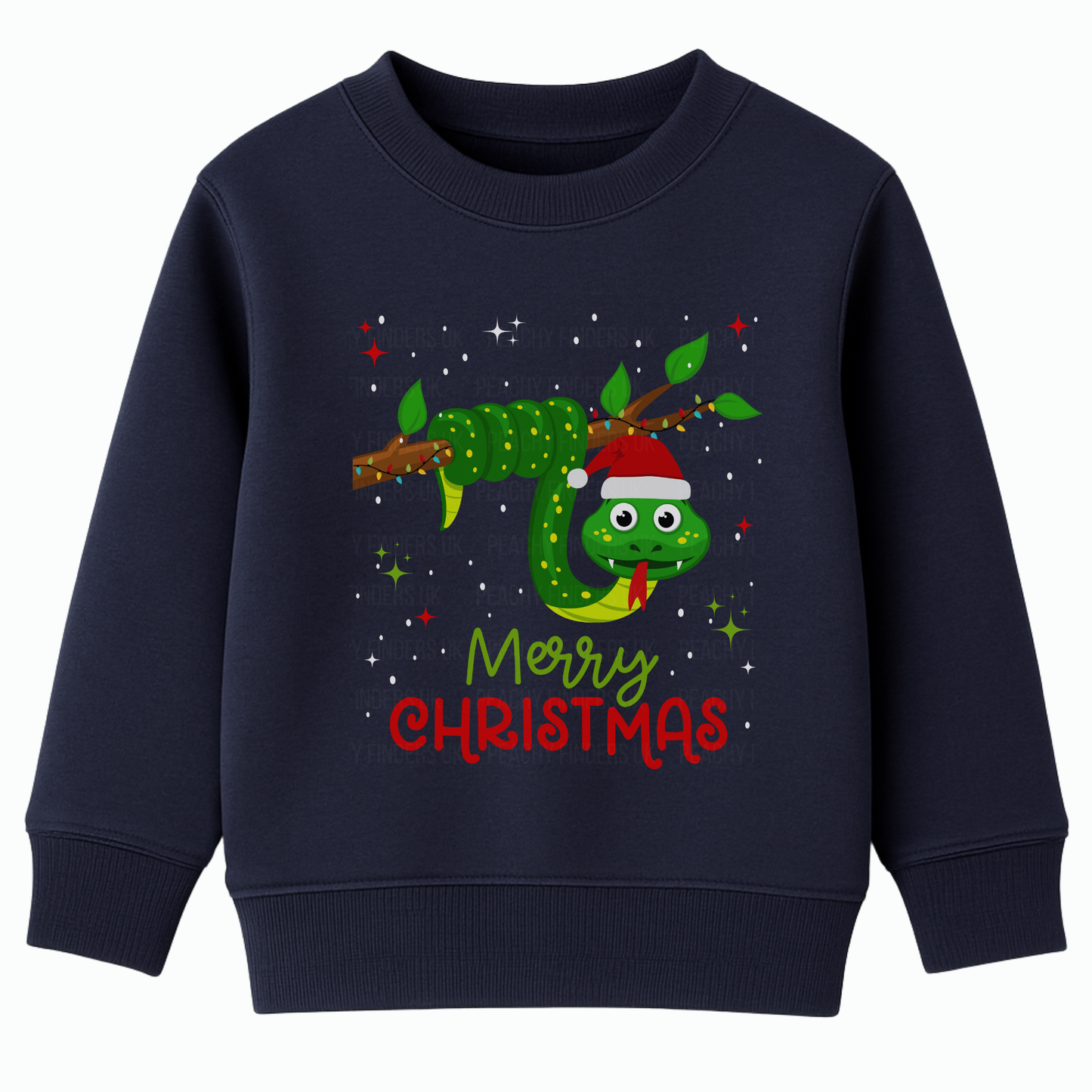 Navy kids Christmas sweatshirt with a cute green snake wrapped around a branch wearing a Santa hat, with stars and “Merry Christmas” text.