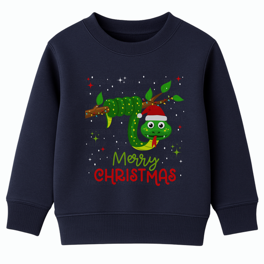 Navy kids Christmas sweatshirt with a cute green snake wrapped around a branch wearing a Santa hat, with stars and “Merry Christmas” text.