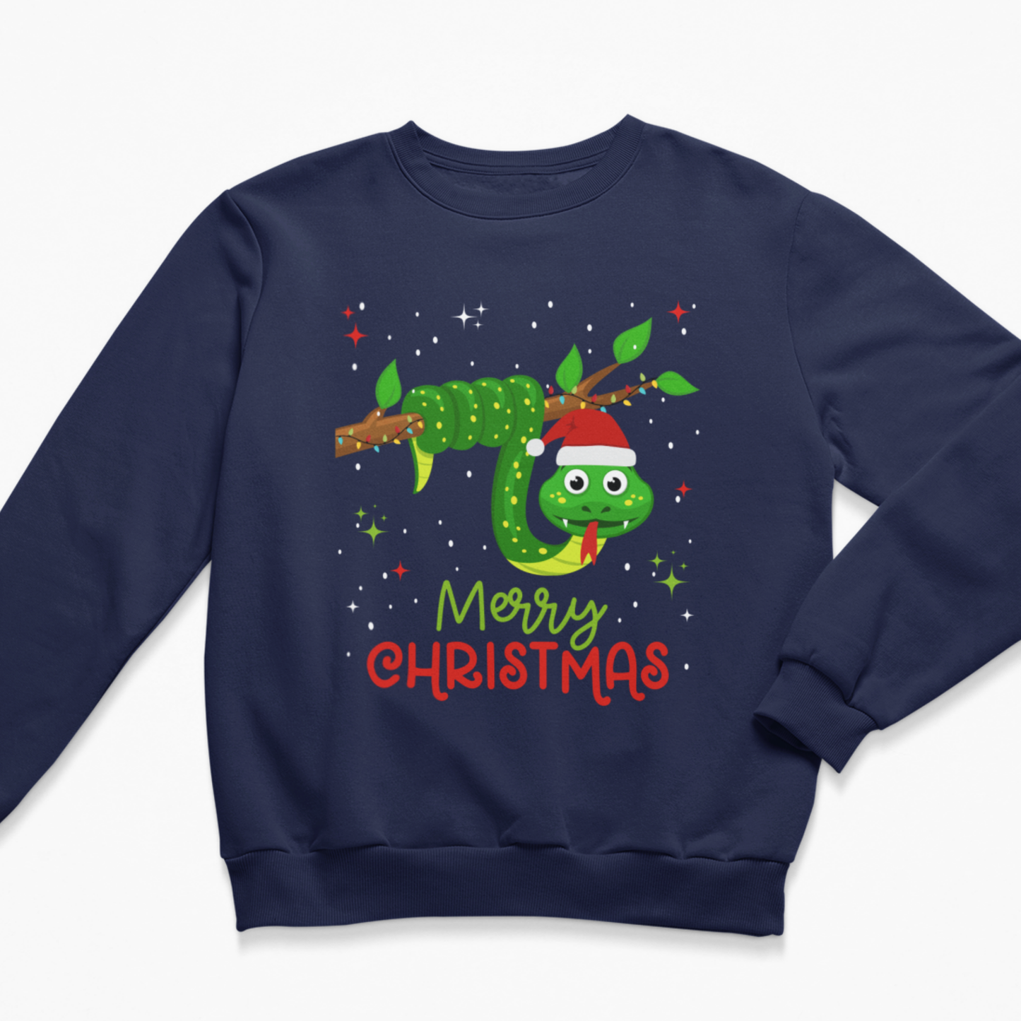 A kids navy blue crewneck sweatshirt featuring a festive graphic of a green cartoon snake wearing a Santa hat on a branch, surrounded by white stars, with the text 'Merry Christmas' in green and red below.