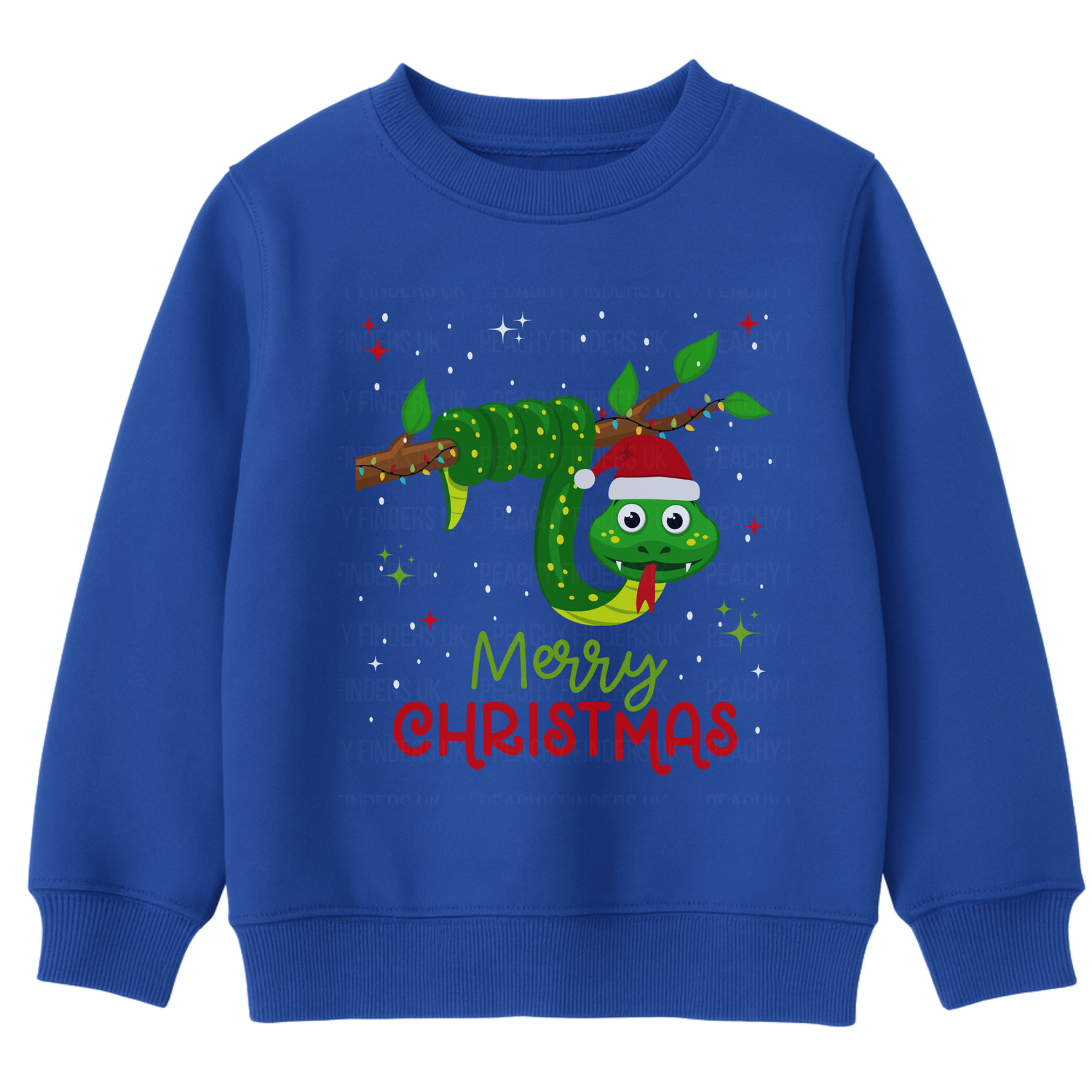 Royal Blue kids Christmas sweatshirt with a cute green snake wrapped around a branch wearing a Santa hat, with stars and “Merry Christmas” text.