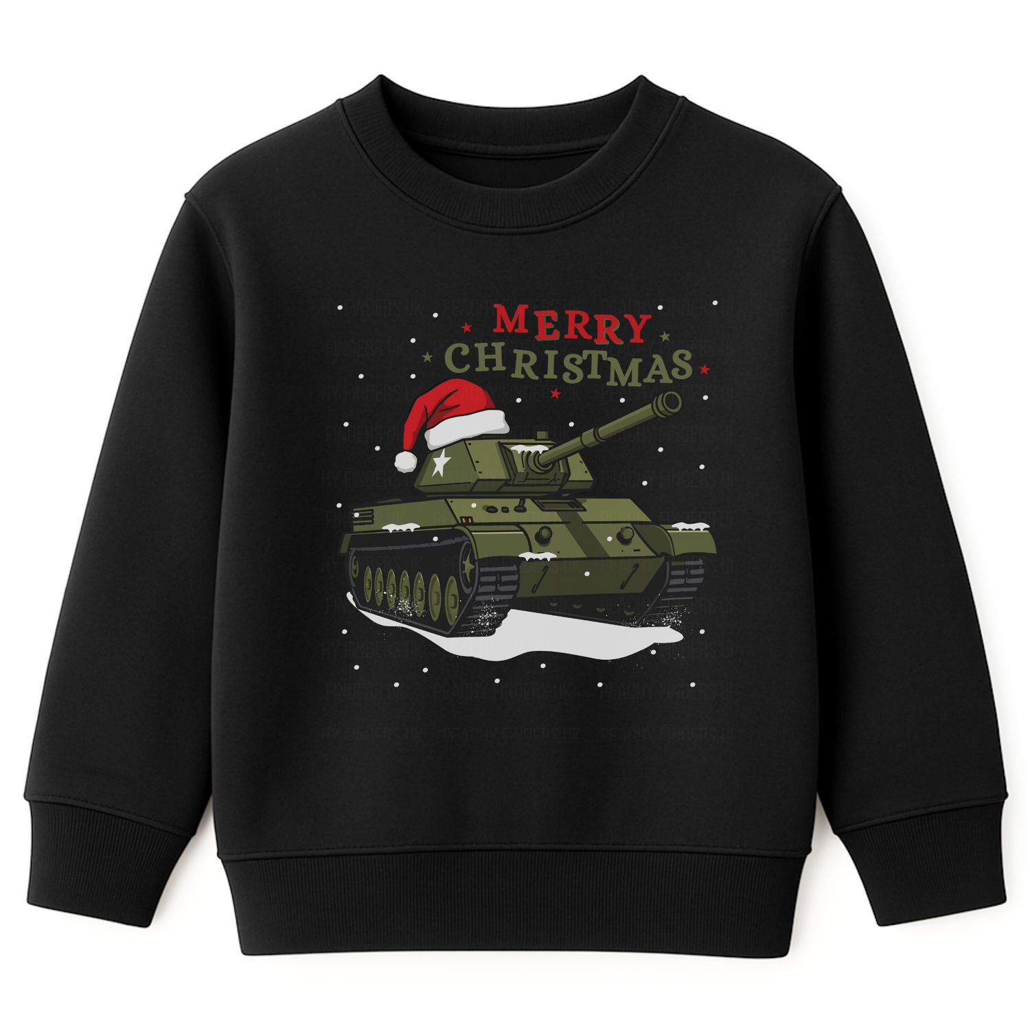 Kids black Christmas jumper featuring a green tank with Santa hat and snow, with red "Merry Christmas" text.