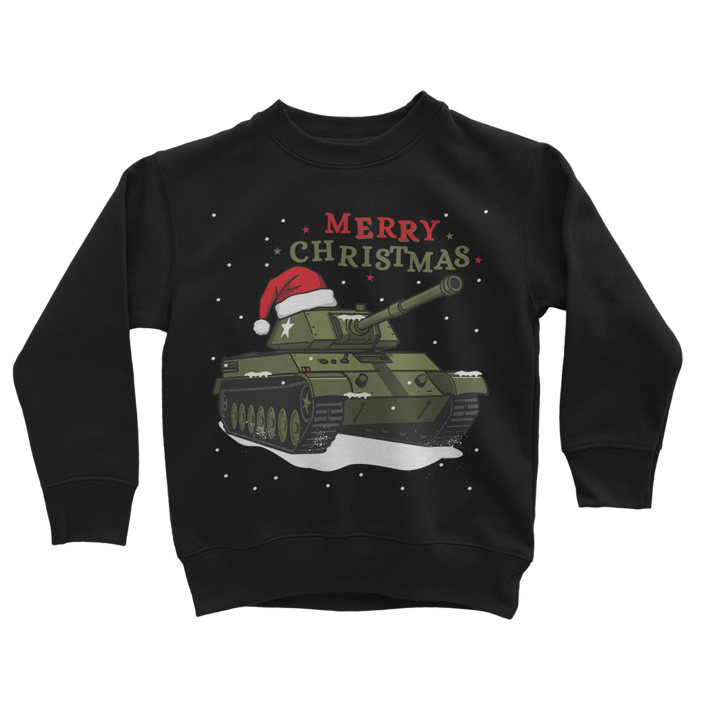 Kids black Christmas jumper featuring a green tank with Santa hat and snow, with red "Merry Christmas" text.