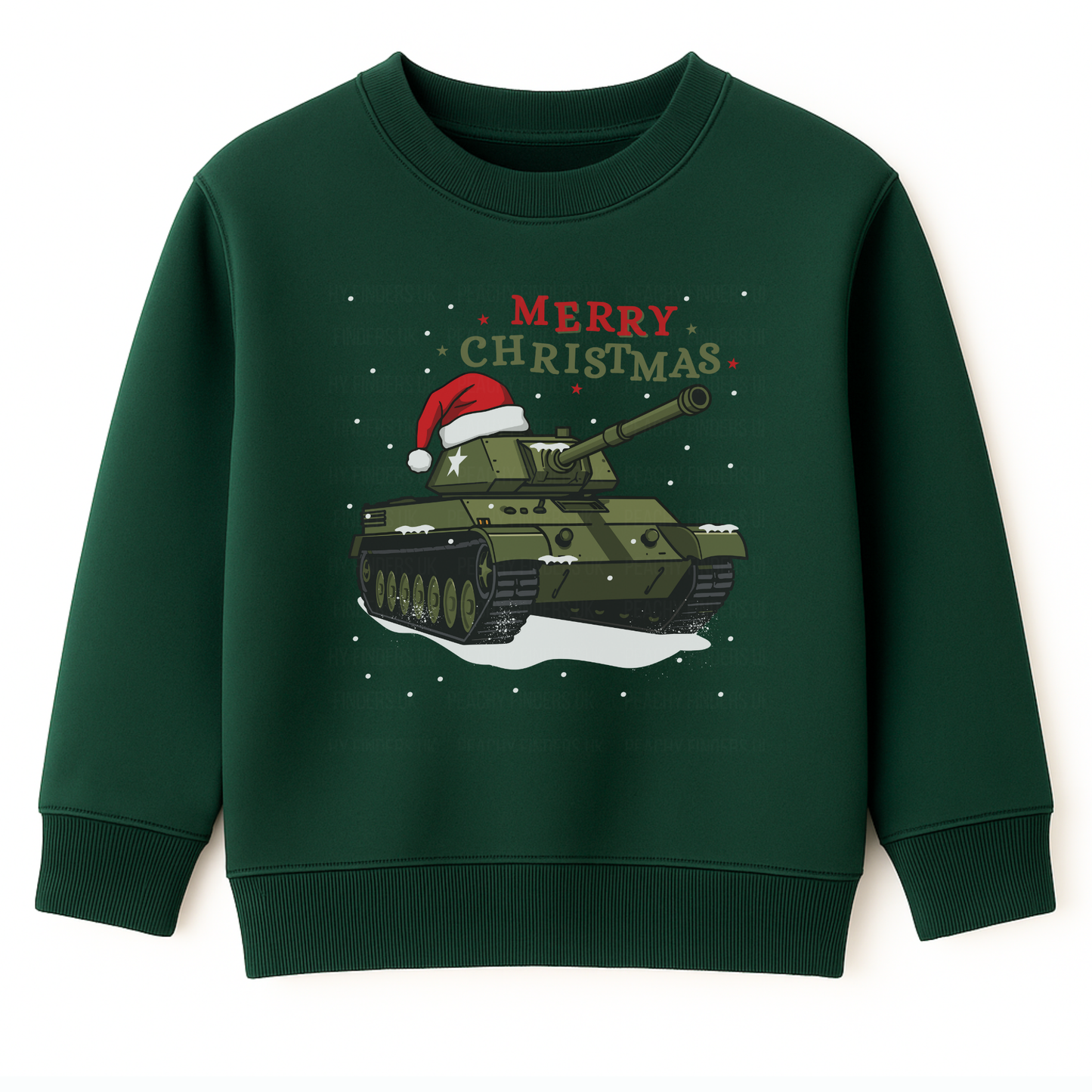 Kids dark green Christmas jumper featuring a green tank with Santa hat and snow, with red "Merry Christmas" text.