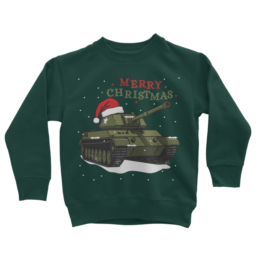 Kids dark green Christmas jumper featuring a green tank with Santa hat and snow, with red "Merry Christmas" text.