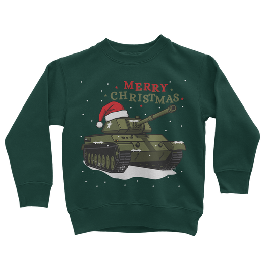 Kids dark green Christmas jumper featuring a green tank with Santa hat and snow, with red "Merry Christmas" text.