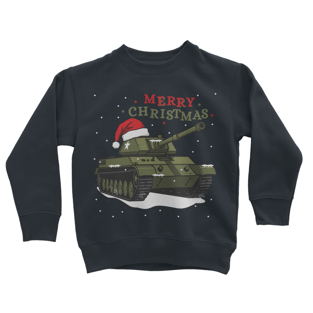 Kids navy Christmas jumper featuring a green tank with Santa hat and snow, with red "Merry Christmas" text.