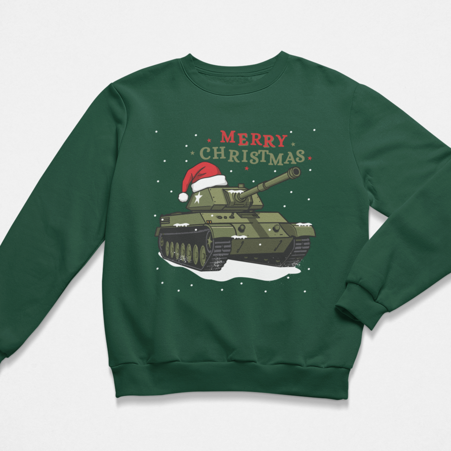 A kids dark green crewneck sweatshirt featuring a festive graphic of an olive green tank wearing a red Santa hat, with 'MERRY CHRISTMAS' text above it, displayed on a light grey background.