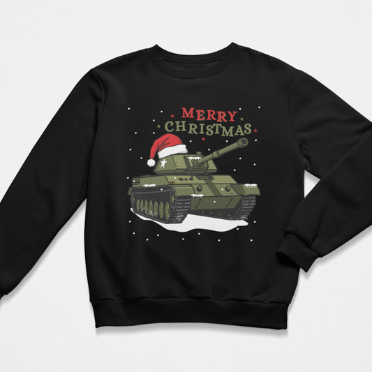 A kids black crewneck sweatshirt featuring a festive graphic of an olive green tank wearing a red Santa hat, with 'MERRY CHRISTMAS' text above it, displayed on a light grey background.