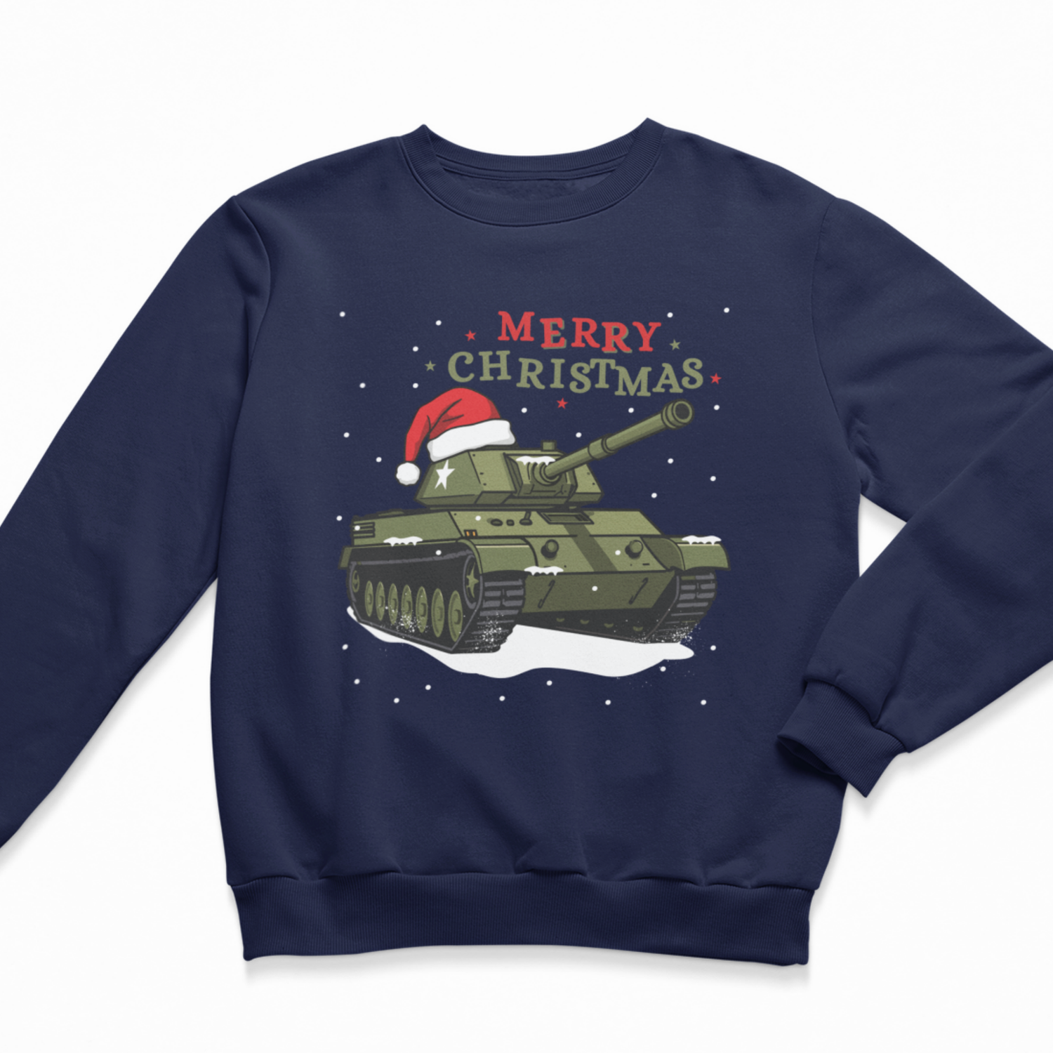 A kids navy blue crewneck sweatshirt featuring a festive Christmas graphic of an olive green tank wearing a red Santa hat, with 'MERRY CHRISTMAS' text above it, displayed on a clean white background.