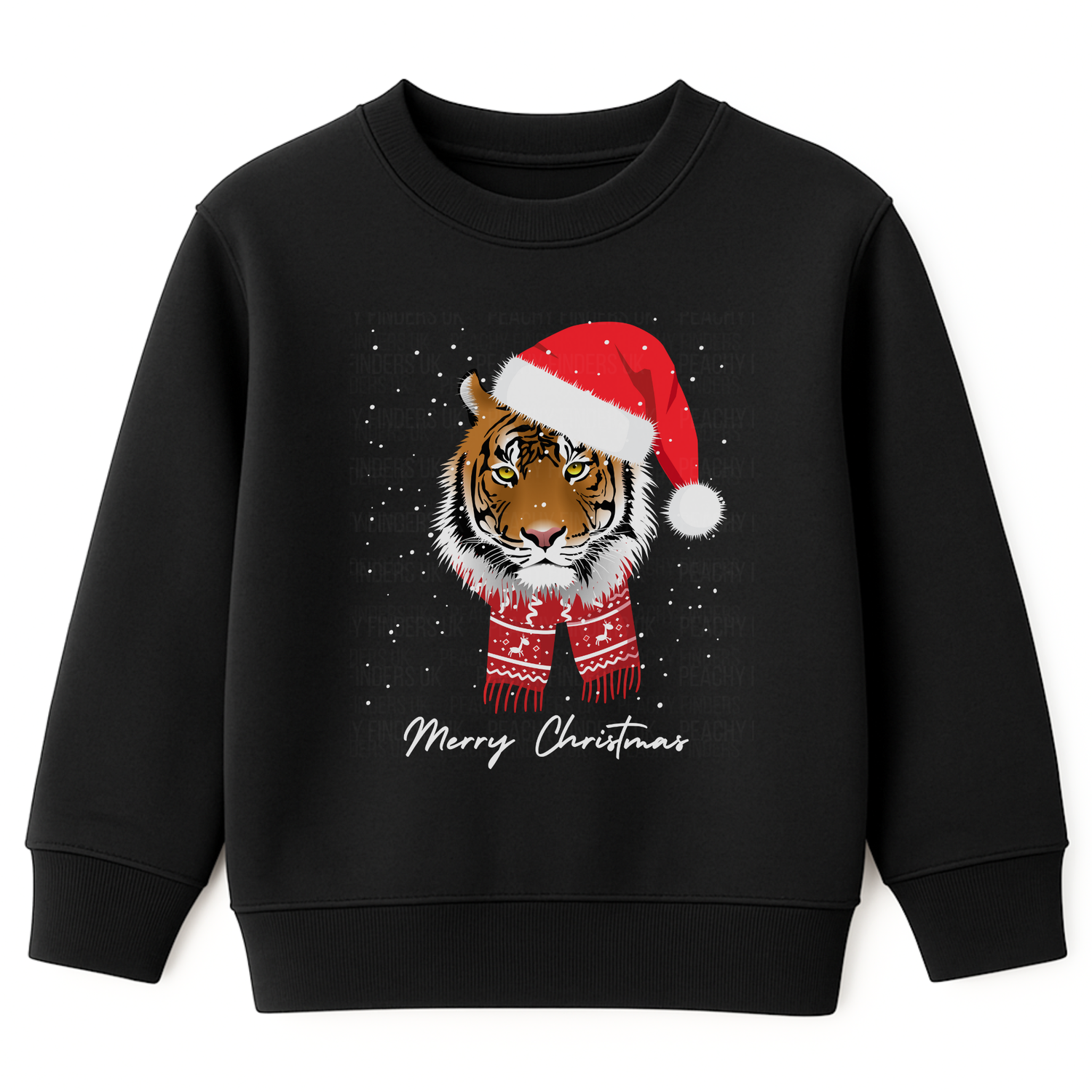 Kids black Christmas sweatshirt with festive tiger in Santa hat and scarf, text reads “Merry Christmas.”