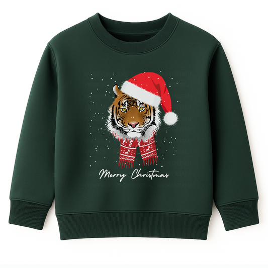 Kids Dark Green Christmas sweatshirt with festive tiger in Santa hat and scarf, text reads “Merry Christmas.”