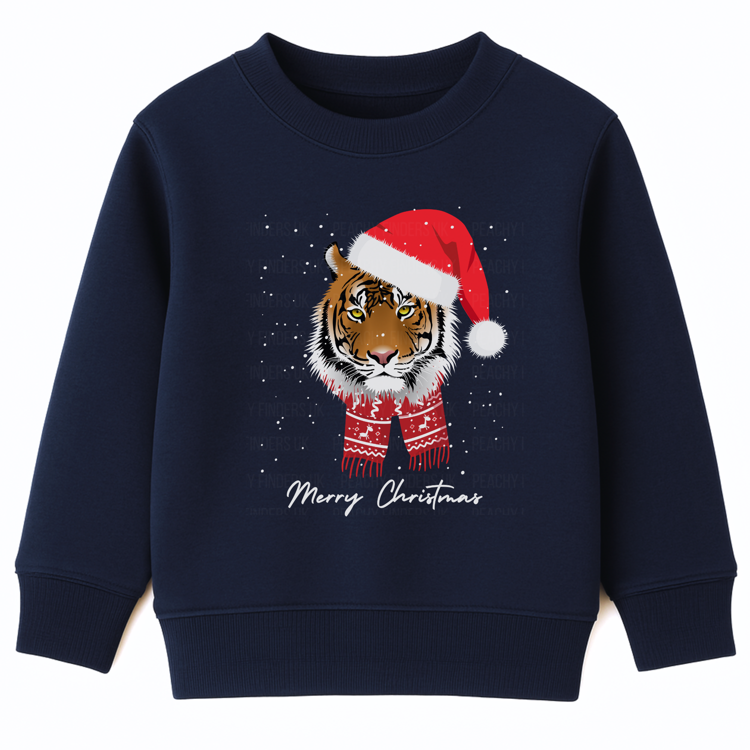 Kids navy Christmas sweatshirt with festive tiger in Santa hat and scarf, text reads “Merry Christmas.”