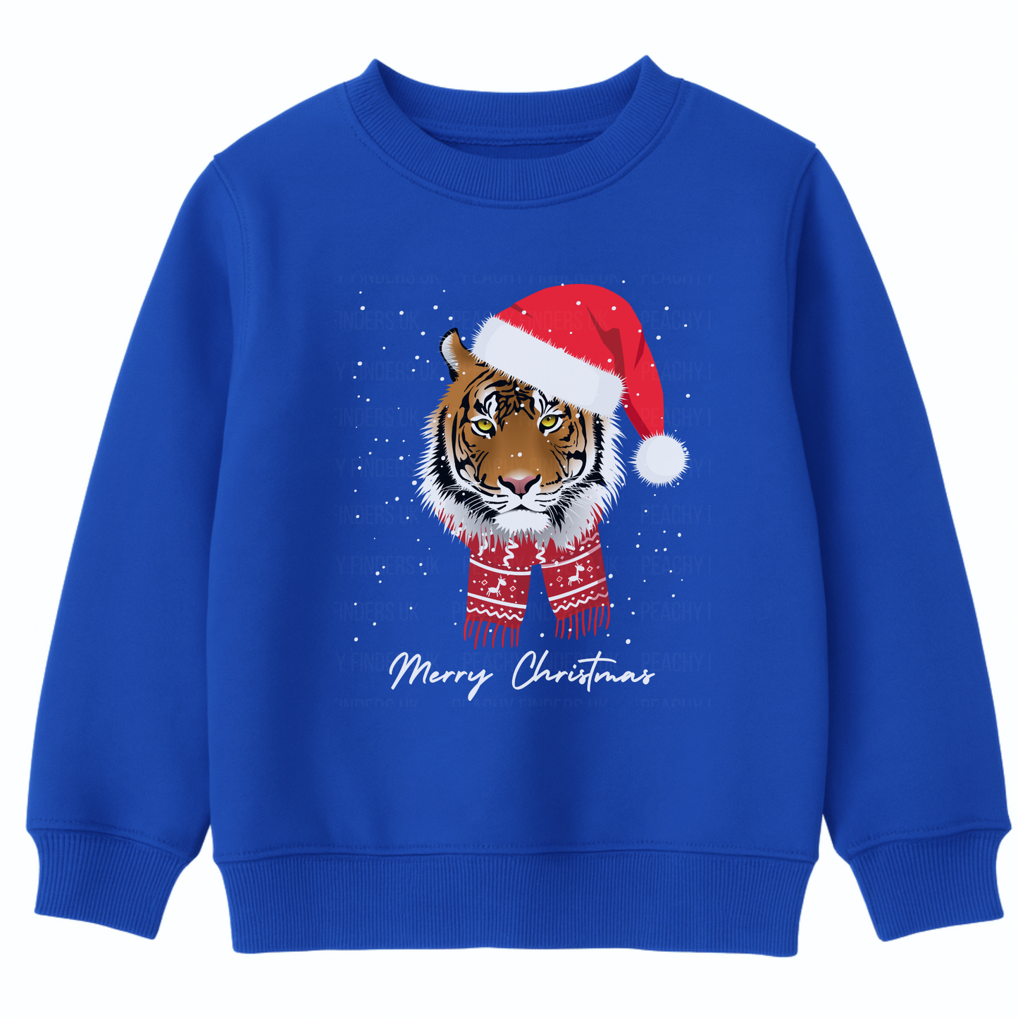 Kids Royal Blue Christmas sweatshirt with festive tiger in Santa hat and scarf, text reads “Merry Christmas.”