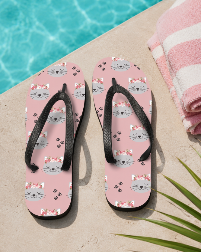 Girls pink flip-flop sandals with a repeating cat face and paw print pattern, displayed on a poolside deck next to a pink-and-white striped towel.