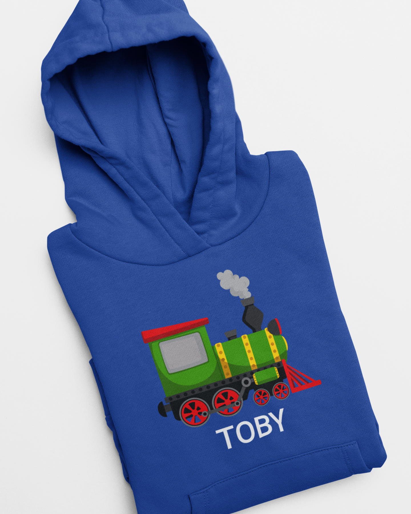 Kids royal blue folded pullover hoodie with a train design and custom name 'Toby' text on a white background