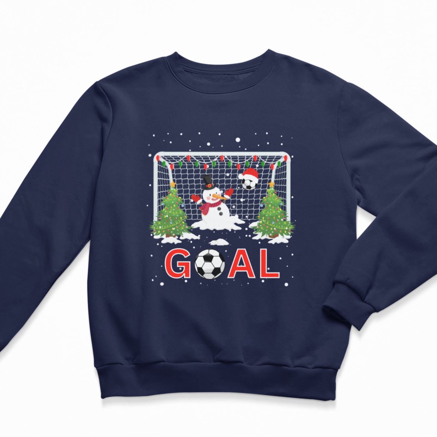 A kids navy blue crewneck sweatshirt featuring a festive Christmas soccer graphic on the front. The graphic depicts a snowman in goal and a soccer ball in front of a goal net with Christmas trees and the word 'GOAL' in red letters.