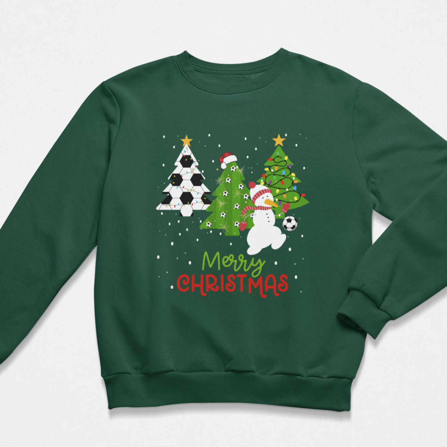 Kids dark green Christmas sweatshirt with football-themed xmas trees, a snowman in a Santa hat playing with a football, falling snow, and “Merry Christmas” text in red and green.