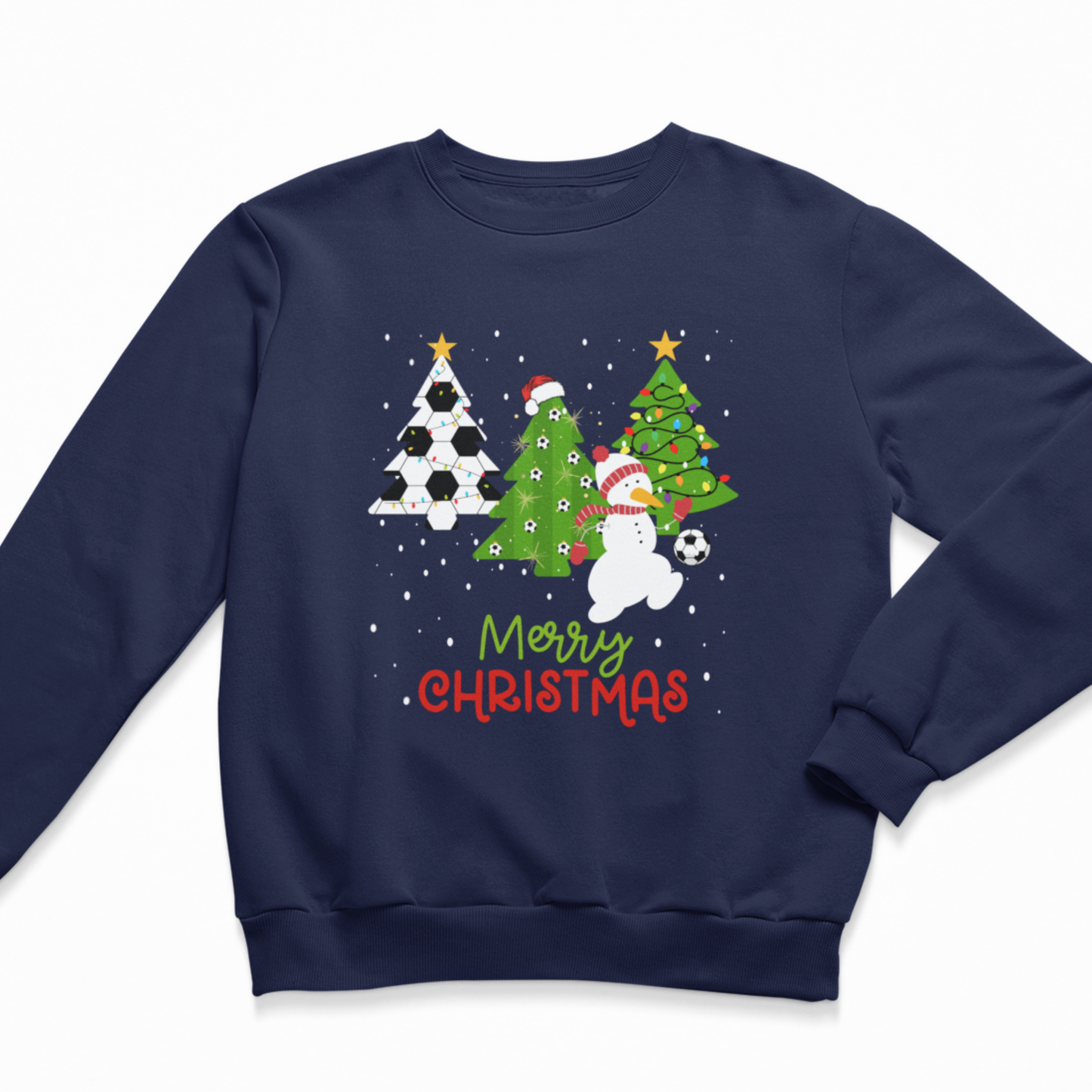 Kids navy Christmas sweatshirt with football-themed xmas trees, a snowman in a Santa hat playing with a football, falling snow, and “Merry Christmas” text in red and green.