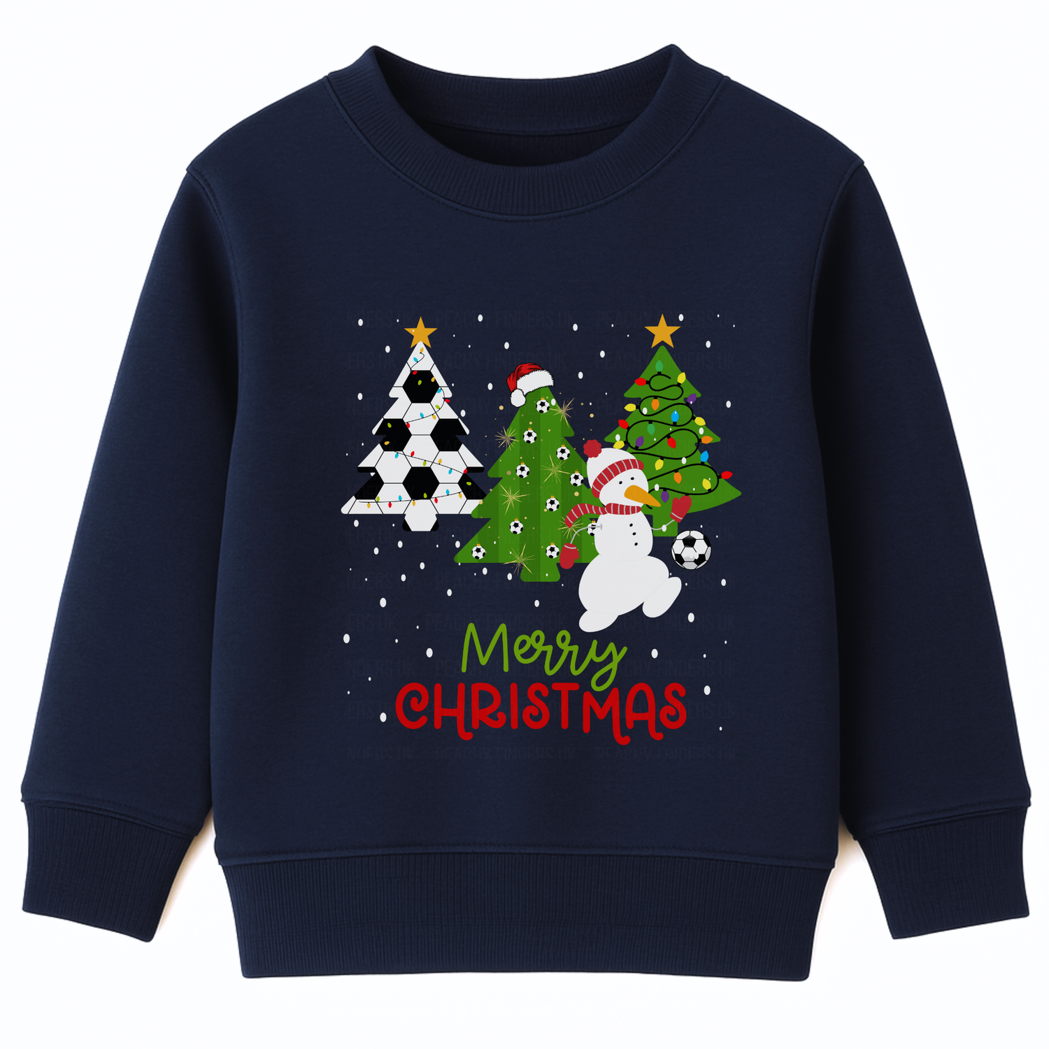 Kids navy Christmas sweatshirt with football-themed xmas trees, a snowman in a Santa hat playing with a football, falling snow, and “Merry Christmas” text in red and green.