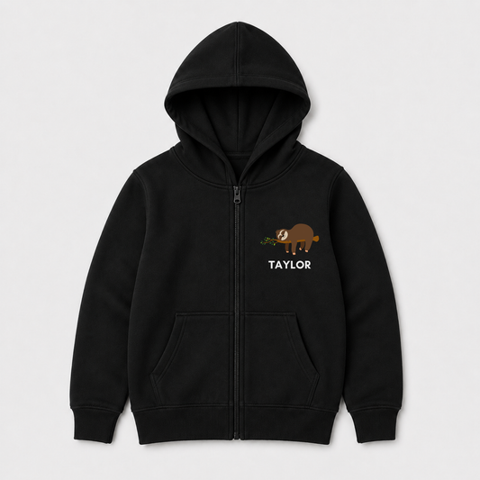 Black personalised kids zip hoodie with a small brown sloth sleeping on a leafy branch and the name Taylor printed underneath.