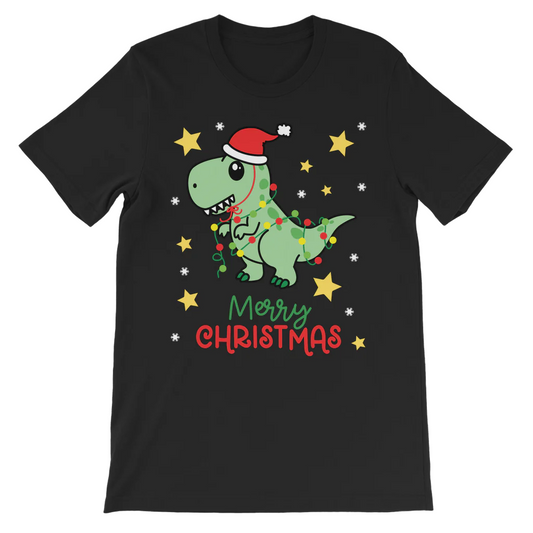Kids Christmas t-shirt in black with a printed graphic of a cute dinosaur in Santa hat wrapped in festive lights with stars and “Merry Christmas” text