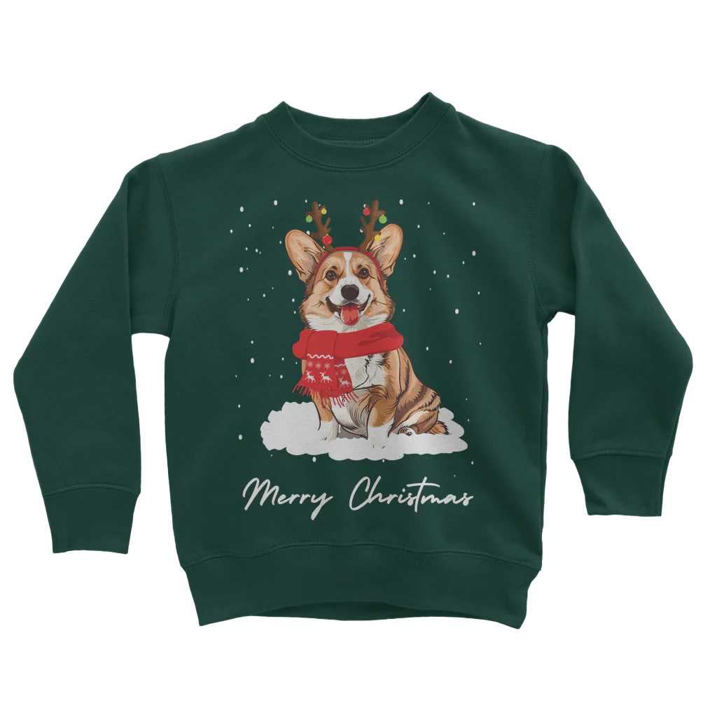 Kids Christmas-themed dark green sweatshirt with a funny Corgi wearing antlers and a red festive scarf with falling snow.