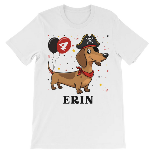 4th birthday pirate themed dachshund t-shirt for kids with custom name.