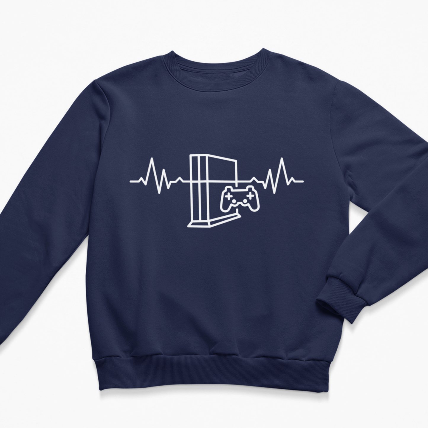 Kids navy sweatshirt with a white line-art graphic of a gaming console and controller on the chest with heartbeat