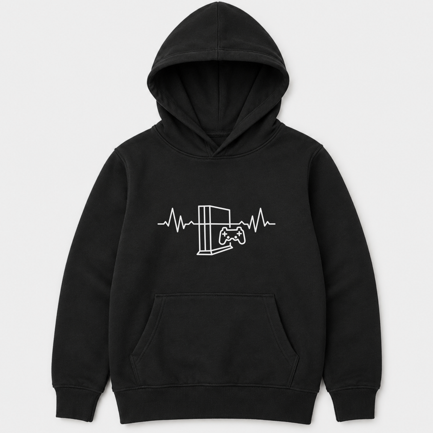 Kids black pullover hoodie laid flat, featuring a white gamer heartbeat graphic (console and controller with an ECG line) on the chest.