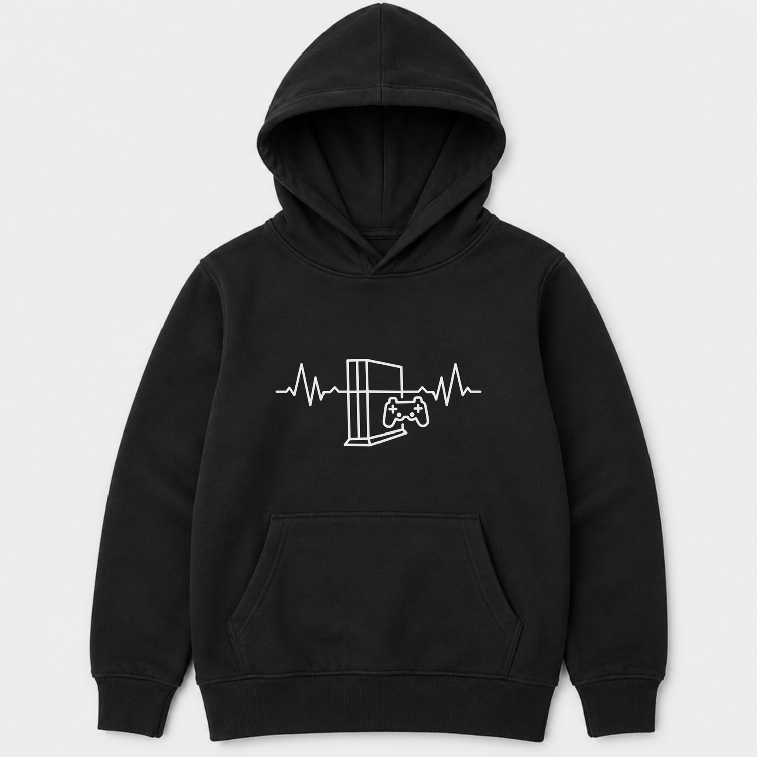 Kids black pullover hoodie laid flat, featuring a white gamer heartbeat graphic (console and controller with an ECG line) on the chest.