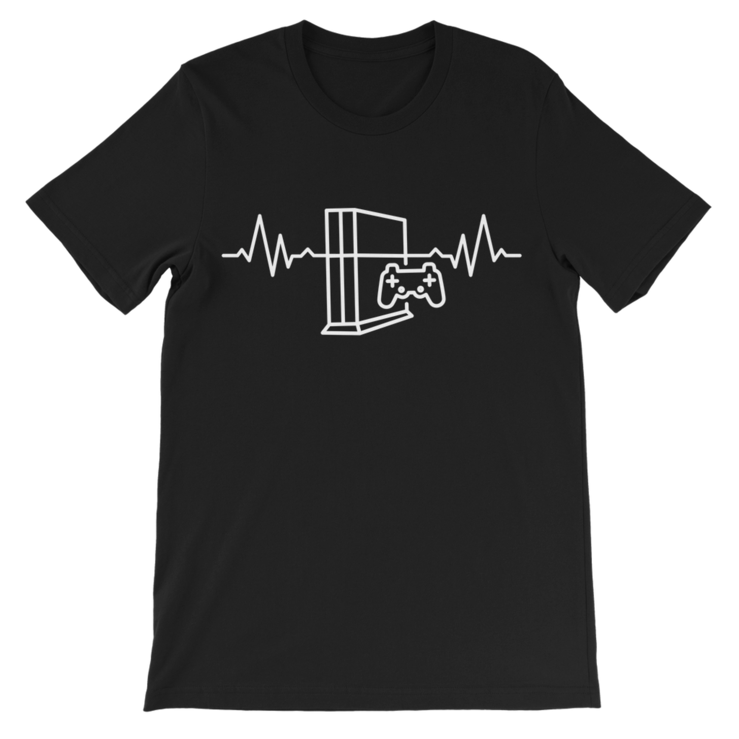 A kids black short-sleeve crewneck t-shirt featuring a white line art graphic of a video game console, game controller, and heartbeat line on the chest.