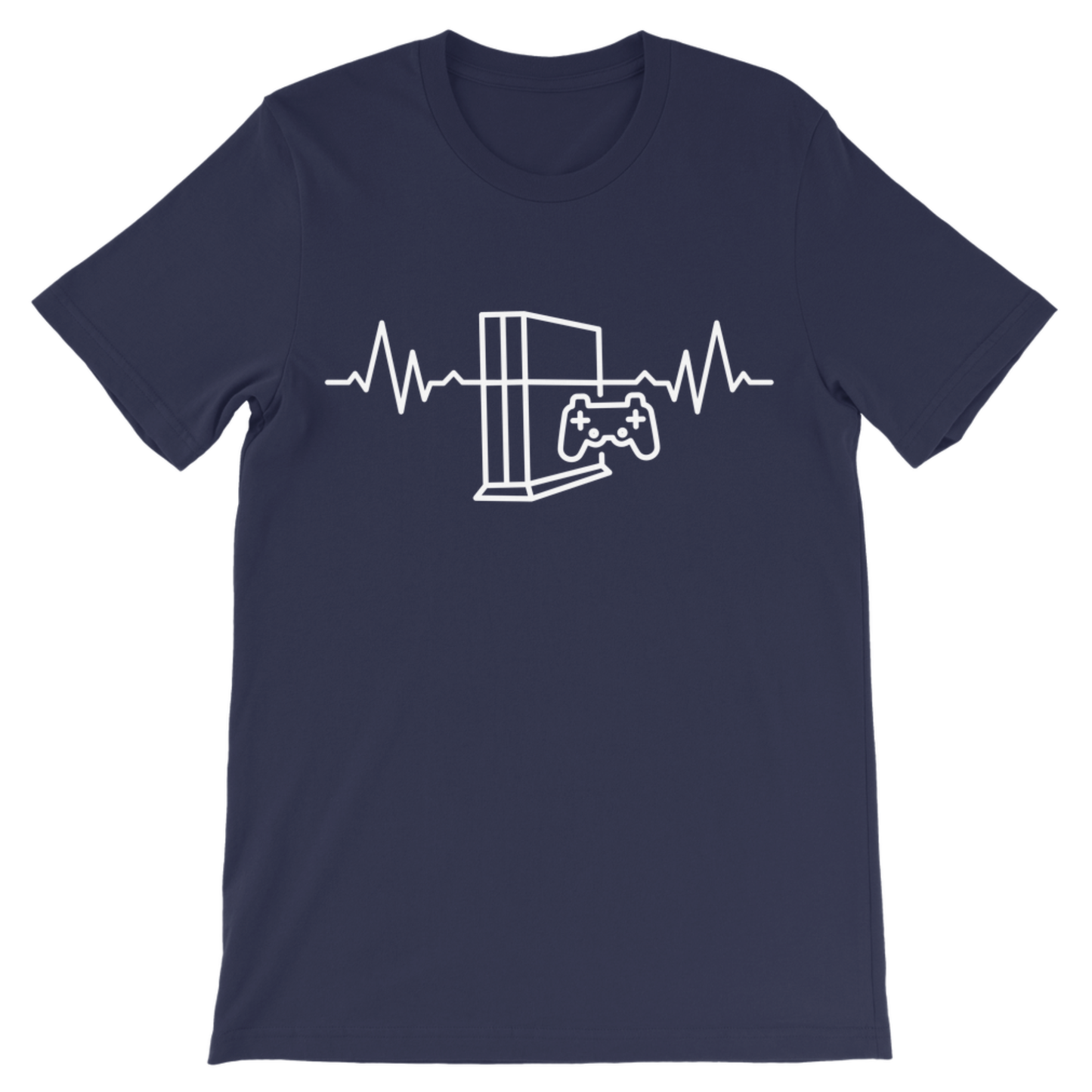 Navy kids short-sleeve crewneck t-shirt featuring a white line art graphic of a video game console, game controller, and heartbeat line on the chest.
