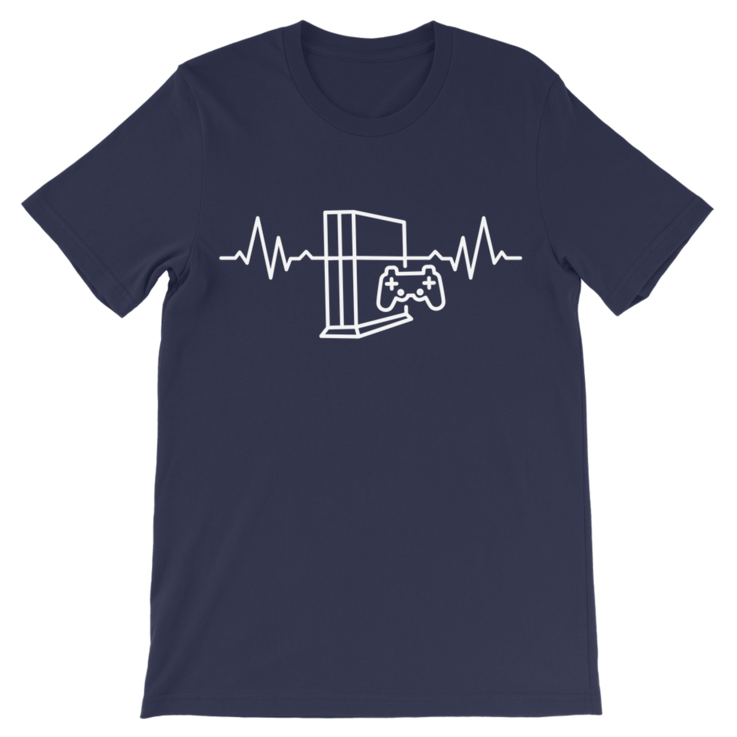 Navy kids short-sleeve crewneck t-shirt featuring a white line art graphic of a video game console, game controller, and heartbeat line on the chest.