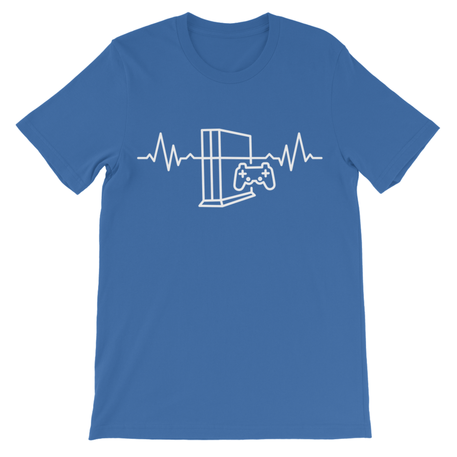Kids royal blue short-sleeve crewneck t-shirt featuring a white line art graphic of a video game console, game controller, and heartbeat line on the chest.