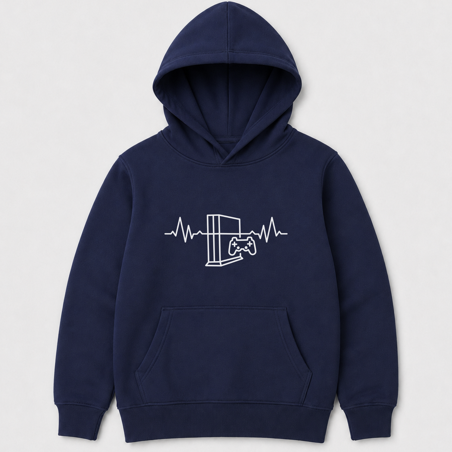 Kids navy blue pullover hoodie laid flat, featuring a white gamer heartbeat graphic (console and controller with an ECG line) on the chest.
