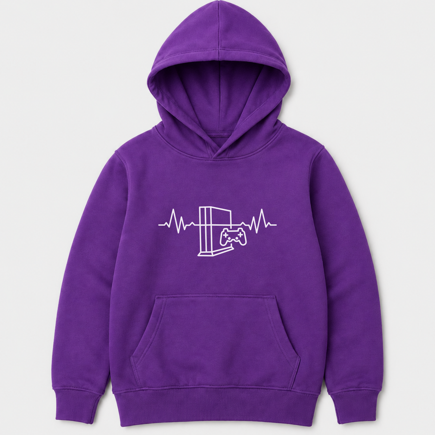 Kids purple pullover hoodie with a white line-art graphic of a gaming console and controller on the chest with heartbeat