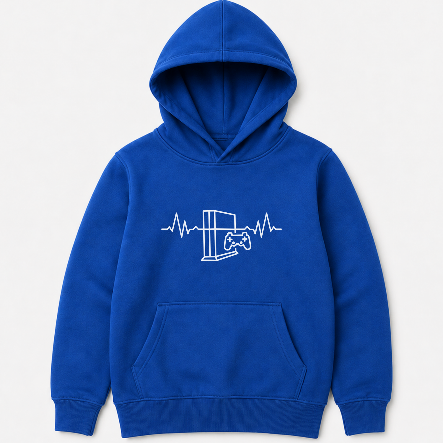 Royal blue kids pullover hoodie with a white line-art graphic of a gaming console and controller on the chest with heartbeat