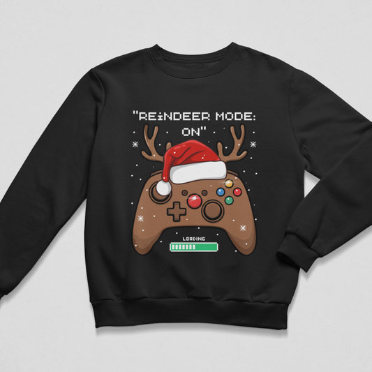 Black kids Christmas jumper featuring a festive reindeer gaming controller and Reindeer Mode On slogan.
