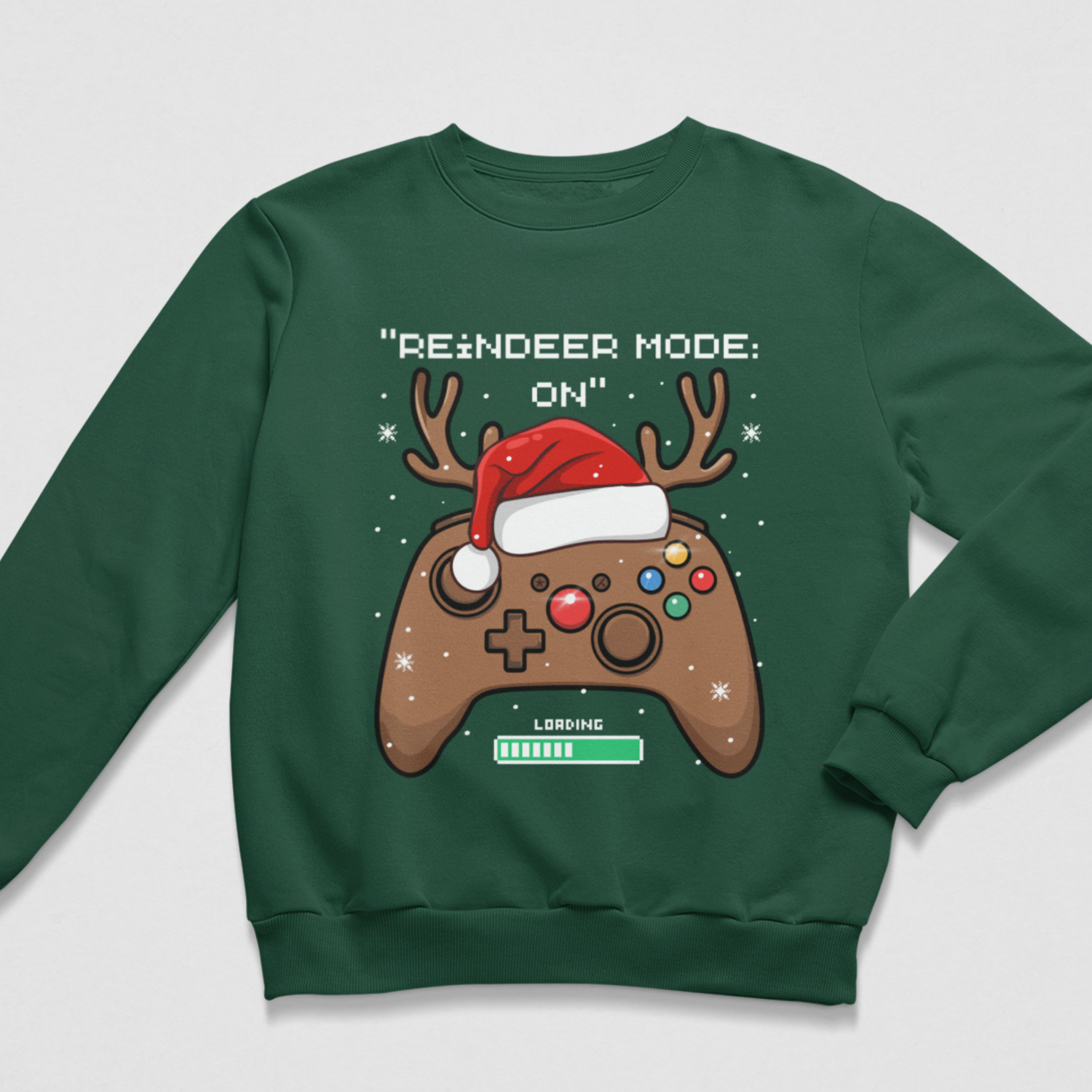 Dark-green children’s sweatshirt with a Santa-hat controller, reindeer antlers and pixel-style festive slogan.
