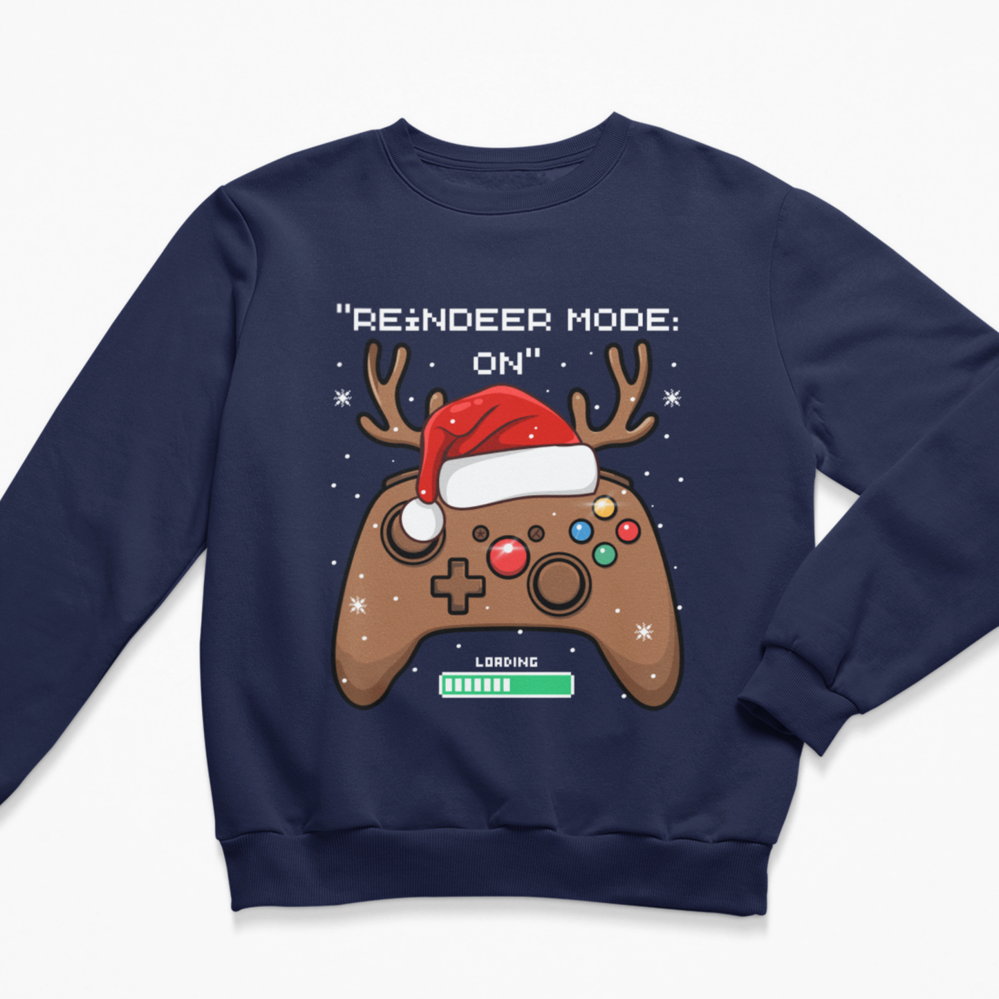 Navy kids gamer Christmas jumper displaying an antlered controller, snowflakes and green loading bar.
