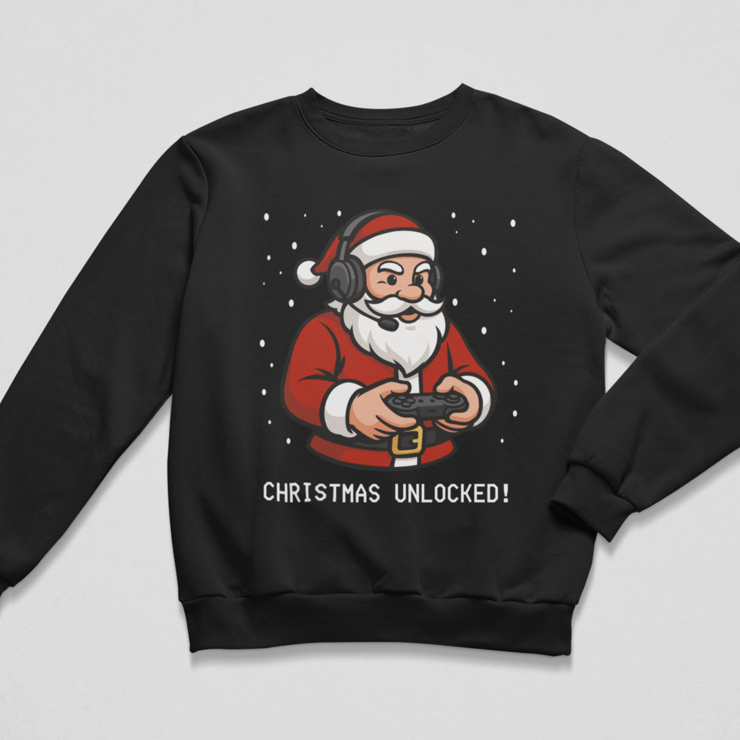 Black crewneck kids Christmas jumper with Santa wearing a headset and holding a game controller