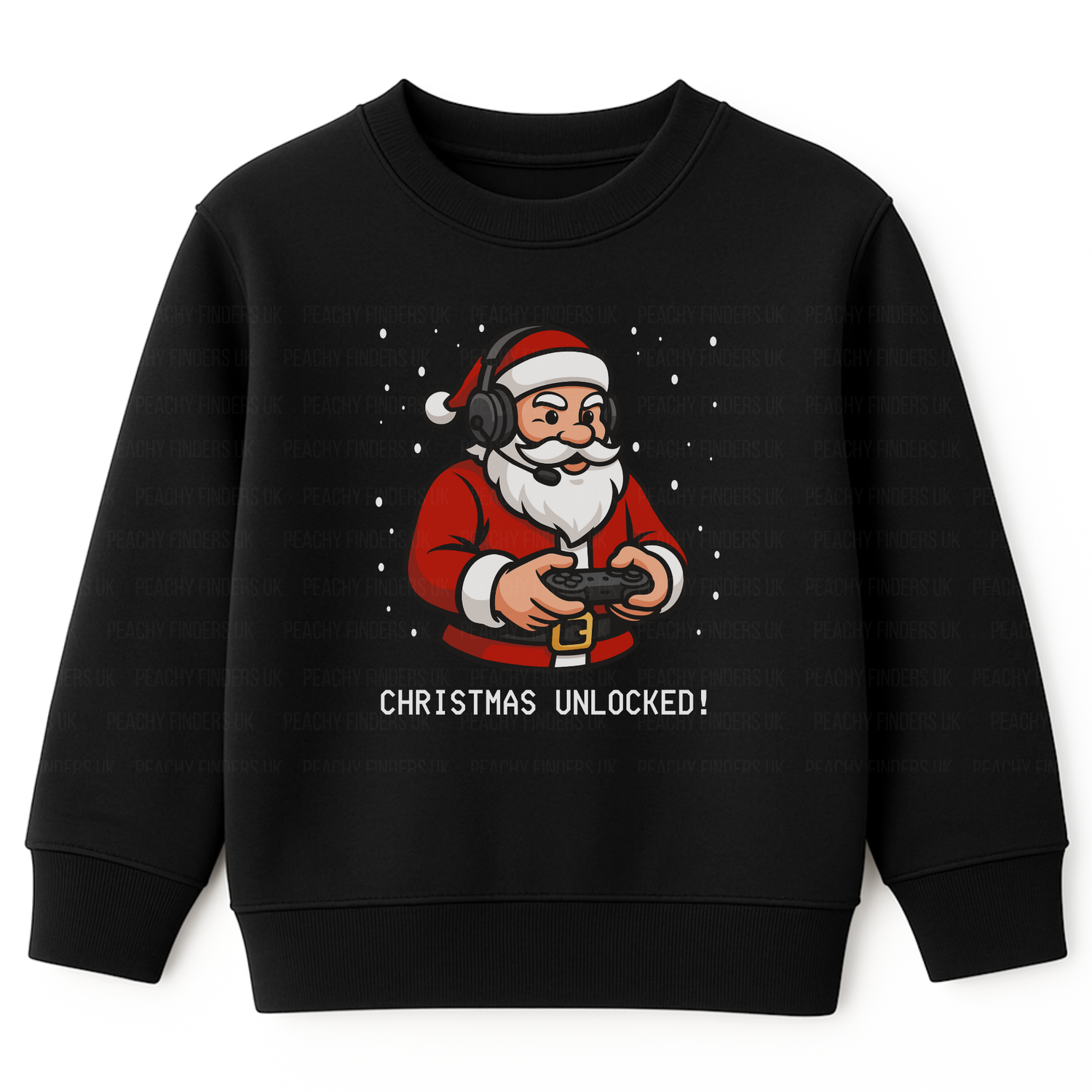 Kids black Christmas sweatshirt with a cartoon Santa holding a gaming controller and the slogan "Christmas Unlocked!" – perfect for kids who love video games